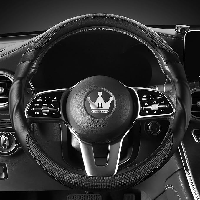 3D Car Steering Wheel Cover Comfort Grip Massage Sporty Anti-Slip Carbon Fiber Faux Leather for Sedan SUV, Universal Fit, Car Handle Covers for All Seasons, 14.75-15.15in, Black