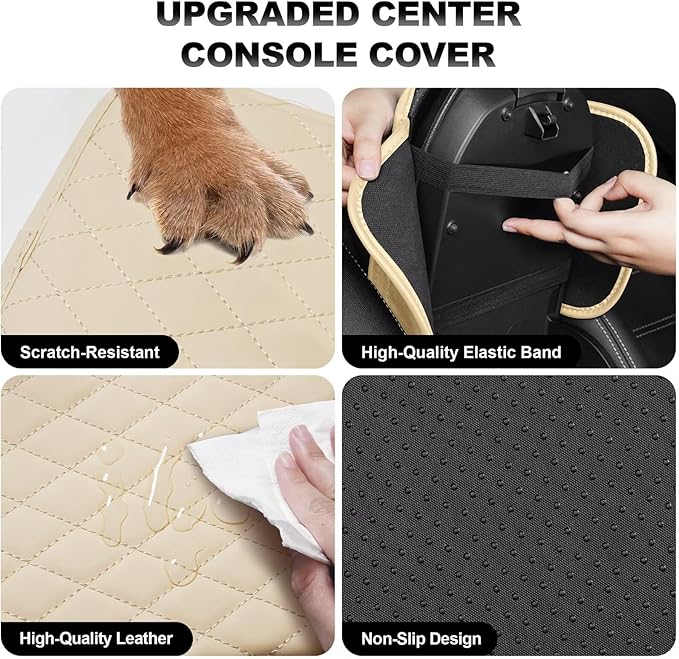 Upgraded Car Center Console Cover Fit for Camry Faux Leather Car Armrest Cover Cushion with 2 Storage Bags,Car Armrest Storage Box Interior Accessories(Beige&Whiteline)