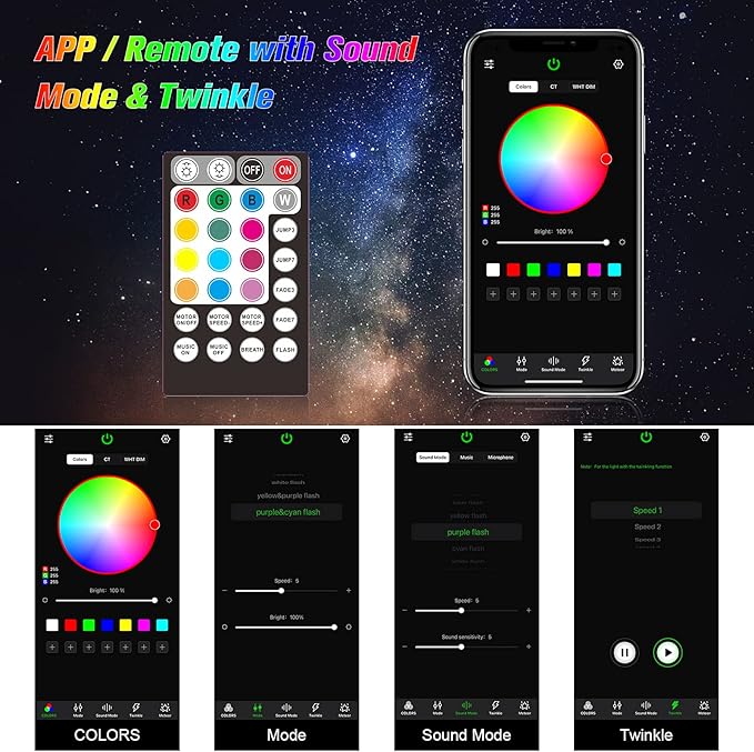 CHINLY Twinkle 570pcs 9.8ft (0.03in+0.04in+0.06in) Starlight Headliner Fiber Optic Lights kit,Music Mode Bluetooth APP Control Remote,RGBW Twinkle Star Lights for Star Headliner/Home Ceiling/Theater