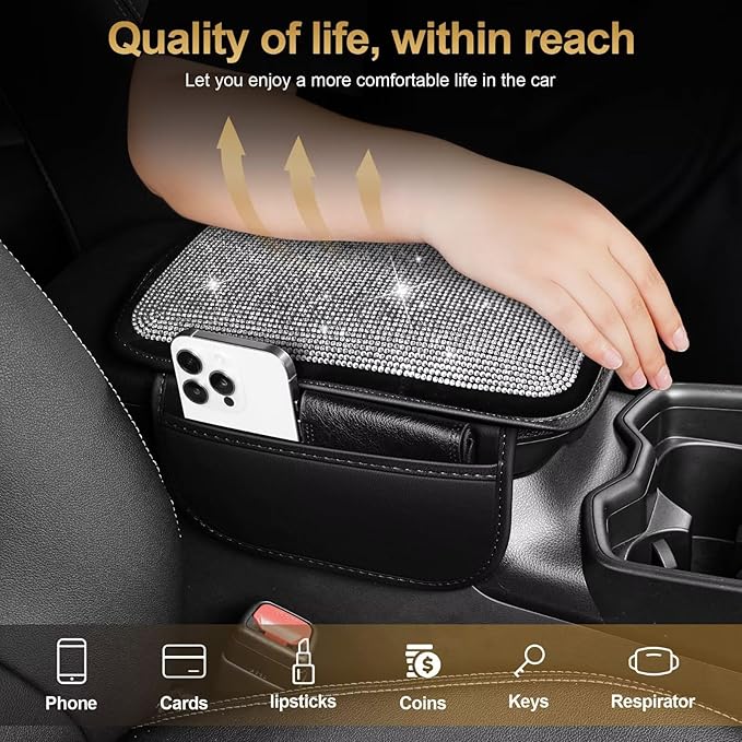 Bling Center Console Cover Fit for Toyota Land Cruiser with 2 Storage Bags Fully Diamond-Studded Style Center Console Armrest Cover with Total Protection(Silver Diamond)