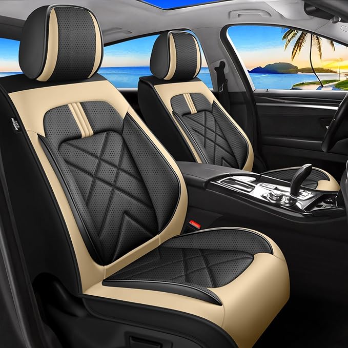 Car Seat Covers Compatible with Mazda 6 2007-2021, Full Coverage Premium Leather Waterproof Breathable Seat Covers, Automotive Seat Protectors, Airbag Compatible(2 Front Seats, Black Beige)