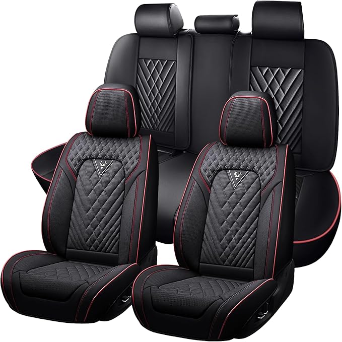 Truck Seat Covers for Ford F250 2011-2026, Waterproof Premium Leather Full Coverage Car Seat Cover, Muscle Sport Style Auto Interior Seat Cover Sets (Full Set/Black Red)