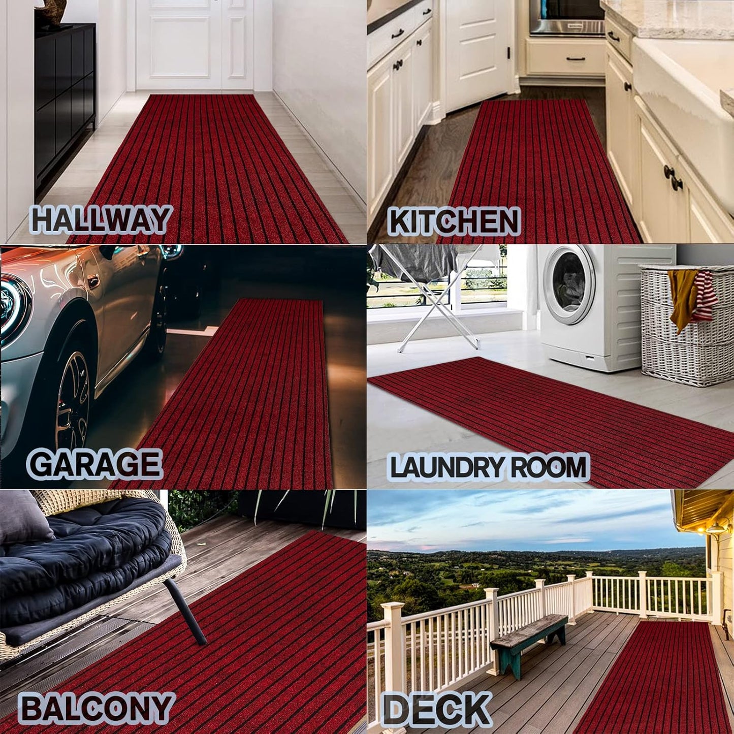 Custom Size Backed Non-Slip Area Rugs Runner, Easy Clean, Waterproof Runner Rugs for Hallway Entryway, Kitchen, Laundry, 3FT x 64FT, Red Stripe