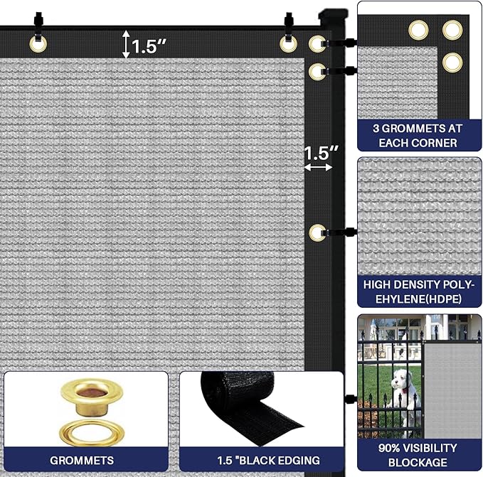 Windscreen4less Privacy Fence Screen Heavy Duty Windscreen Fencing Mesh Fabric Shade Net Cover with Brass Grommtes for Outdoor Wall Garden Yard Pool Deck, 8'x231' Light Gray