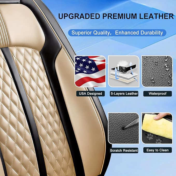 Fit CX-30 Car Seat Covers for Select Mazda CX30 2020-2025, Premium Full Coverage Leather, Airbag Compatible, Waterproof All Weather Seat Protector, Front Pair Black+Beige