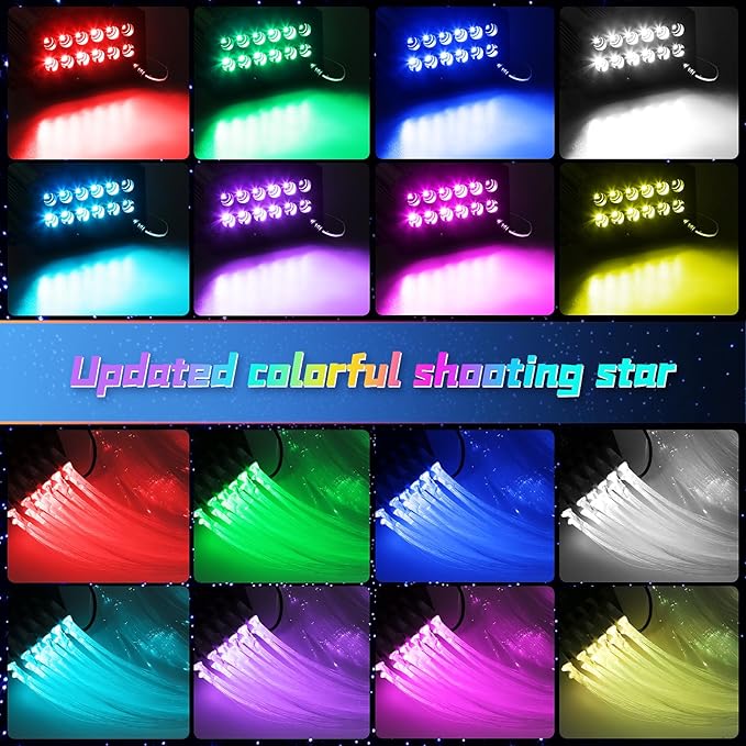 4 Colors 32W Twinkle & Meteor Car Starlight Headliner Kit, 2-in-1 Light Engine 860pcs*0.03in*13.1ft+240 RGBW Fiber Optic Cable Shooting Car Star Roof Lights, Ceiling Star Lights for Car Home Theater