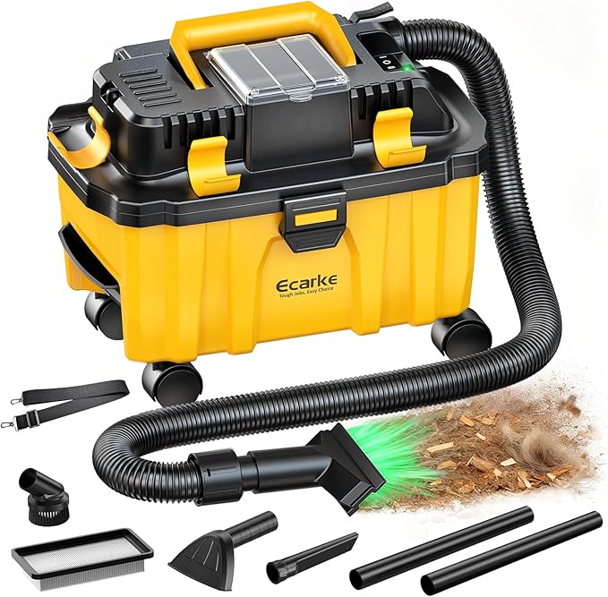 Ecarke 2.5 Gal Cordless Wet Dry Vacuum Compatible with DeWalt 20V Battery, 3-in-1 Shop Vac with Washable HEPA & Brushless Motor, 15KPa Suction, 4 Attachments for Garage Car Workshop (Tool Only)
