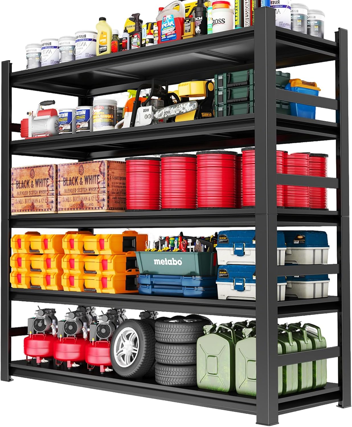 87" H,Heavy Duty 5-Tier Steel Garage Shelving Unit | 3800LB Capacity| Garage & Basement Storage | Industrial-Grade Metal Shelving for Warehouses & Workshops | Adjustable, Rust-Resistant, Black