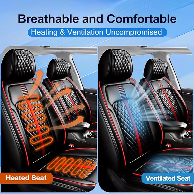 Fit Impala Car Seat Covers (Front Pair) for Select Chevrolet/Chevy Impala 2000-2020 - Premium Full Coverage Leather, Airbag Compatible, Waterproof All Weather Seat Protector, Red Trim
