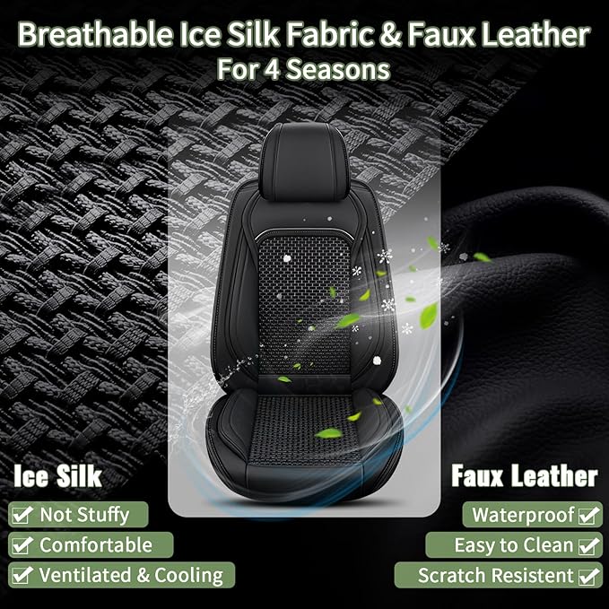 Car Seat Covers Front Seats for Honda Pilot 2005-2016: Breathable Cool Ice Silk Leather Seat Covers (Black)