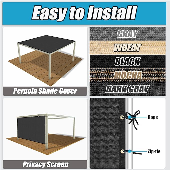 Amagenix 90% Pergola Shade Cover 17'X 21' Dark Gray Sun Shade Cloth with Grommets for Outdoor Garden Patio Porch-Commercial Grade 200 GSM-Cable Zip Ties Included (We Customized)