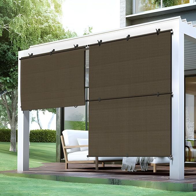 Bynbbur 5'W x 9.5'H Outdoor Patio Shades Foldable Roller Blinds, 220 GSM Sun Shade Roll Up Porch Screens Exterior Shade Cloth for Deck Pergola Backyard, Brown