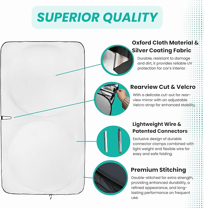 Windshield Sun Shade -Certified 99.87% UVB & 99.02% UVA Car Sun Shade. Award Winning Sunshade - Patented Technology | Compatible for Ford Bronco (2021-2026) | Car Shades by Kinder Fluff