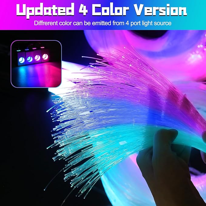 Split 4 Colors 12W Car Starlight Headliner Kit 1000pcs*0.02in*9.8ft with APP&RF Remote,RGBW Fiber Optic Strands Star Roof Lights,4 Port Engine Sound Activated Star Ceiling Lights for Car/Home Decor