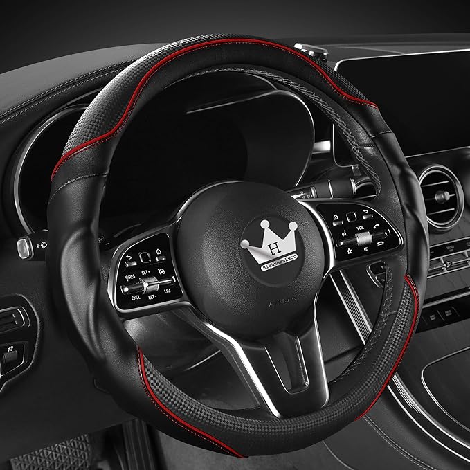 3D Car Steering Wheel Cover Comfort Grip Massage Sporty Anti-Slip Carbon Fiber Faux Leather for Sedan SUV, Universal Fit, Car Handle Covers for All Seasons, 14.75-15.15in, Red