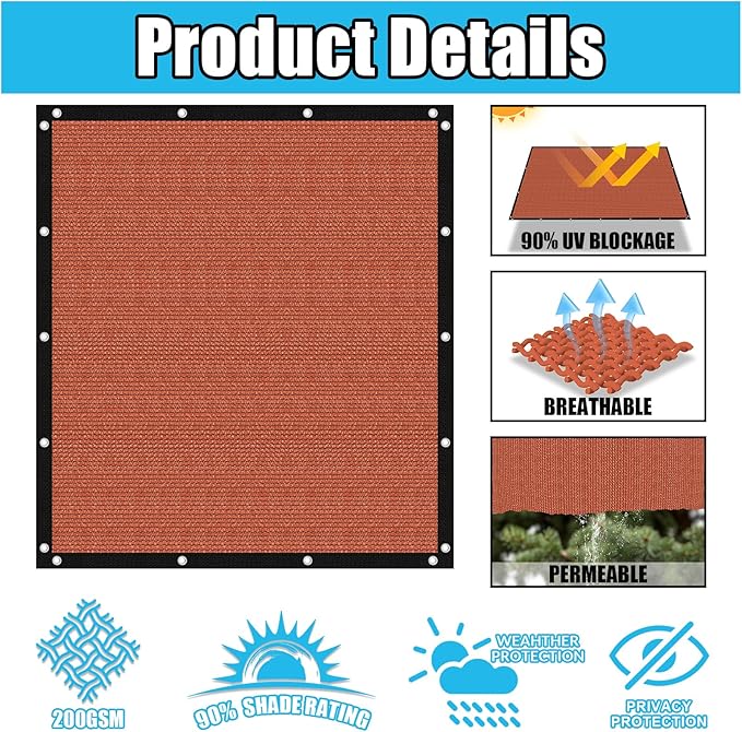 Amagenix 90% Pergola Shade Cover 6' X 10' Sun Shade Cloth with Grommets for Outdoor Garden Patio Porch, Commercial Grade 200 GSM - Cable Zip Ties Included (We Customized) GN108, Rust Red