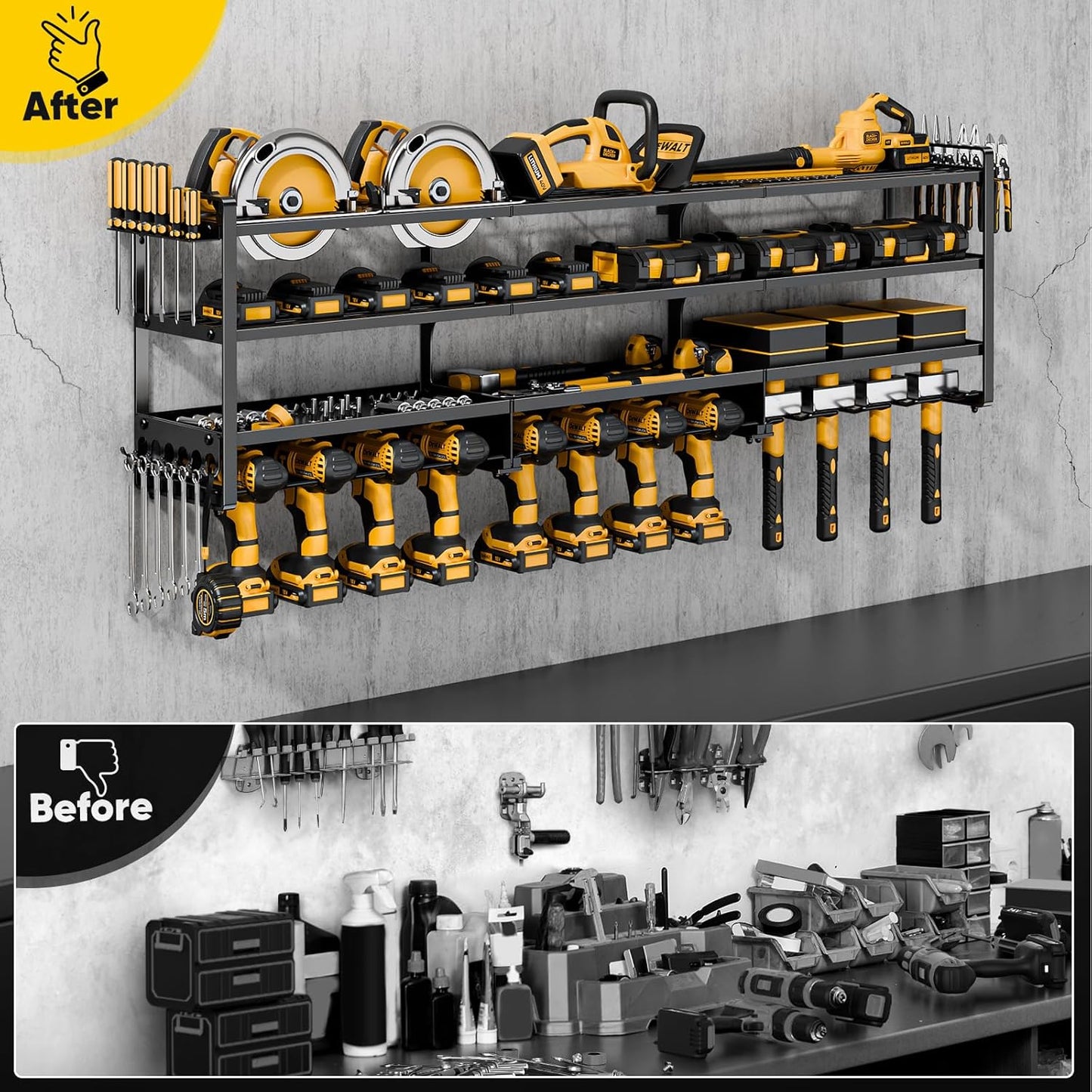 49" W Large Power Tool Organizer Wall Mount Loads 600 lbs, Heavy Duty 4-Tier 12 Drills Holder, Cordless Tool Storage Battery Shelf, Utility Racks for Garage Workshop Shed, Gifts for Men Husband