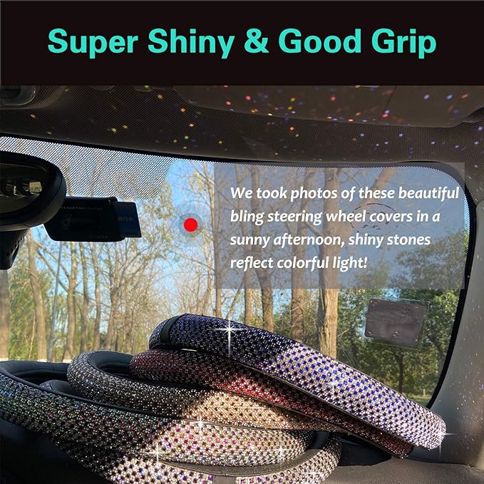 PINCTROT Large Size Bling Comfy Steering Wheel Cover with Jumbo Crystal Rhinestones, Anti-Slip Diamond Leather, 15.5-15.75 Inch (Black)