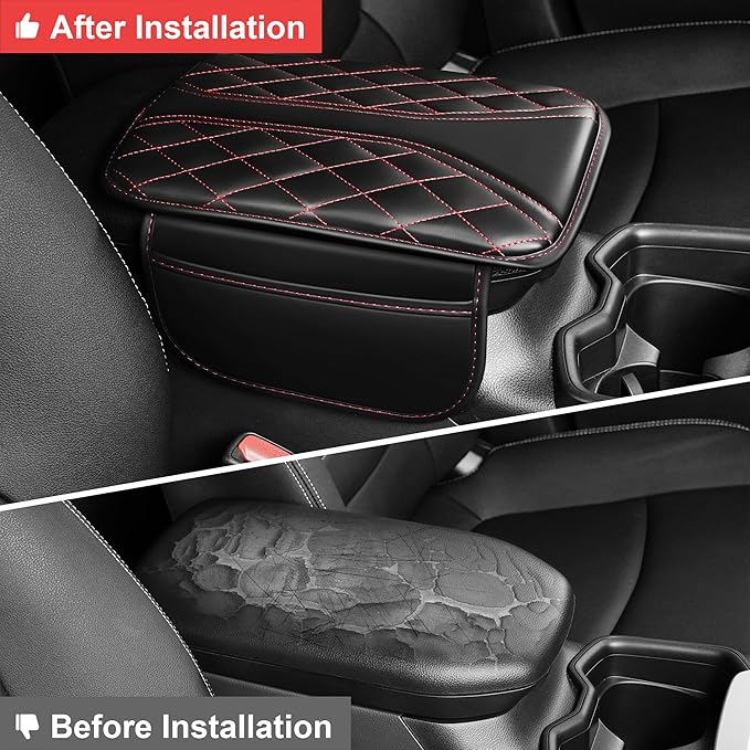 Car Center Console Cover Fit for Jeep Cherokee Compass Gladiator Liberty Patriot Renegade Wrangler - Leather Armrest Covers with 2 Storage Pockets(Black&Red)