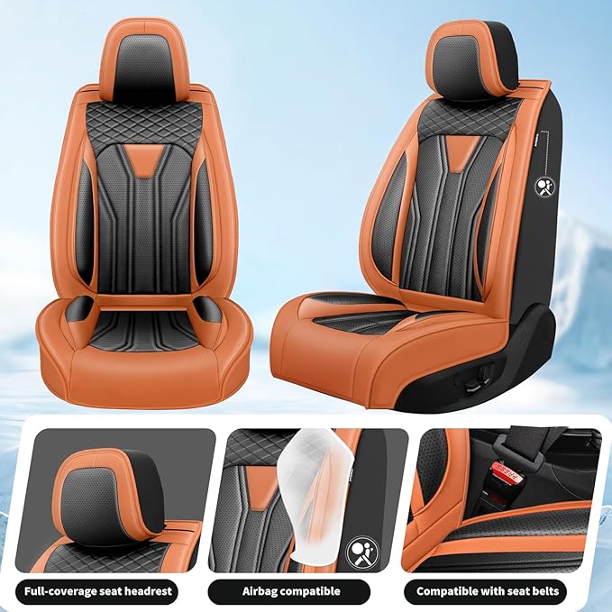 Fit Sonata Car Seat Covers Premium Leather for Hyundai Sonata 2007-2025 2026. Waterproof， Breathable, Scratch-Resistant & All-Weather Seat Cushion Protector（Full Set,Orange&Black