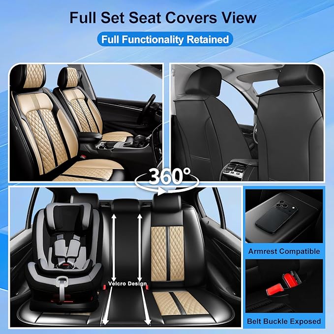 Fit CX-5 Car Seat Covers for Select Mazda CX5 2013-2024 2025 2026 - Premium Full Coverage Leather, Airbag Compatible, Waterproof & All Weather Seat Protector, Full Set, Black+Beige