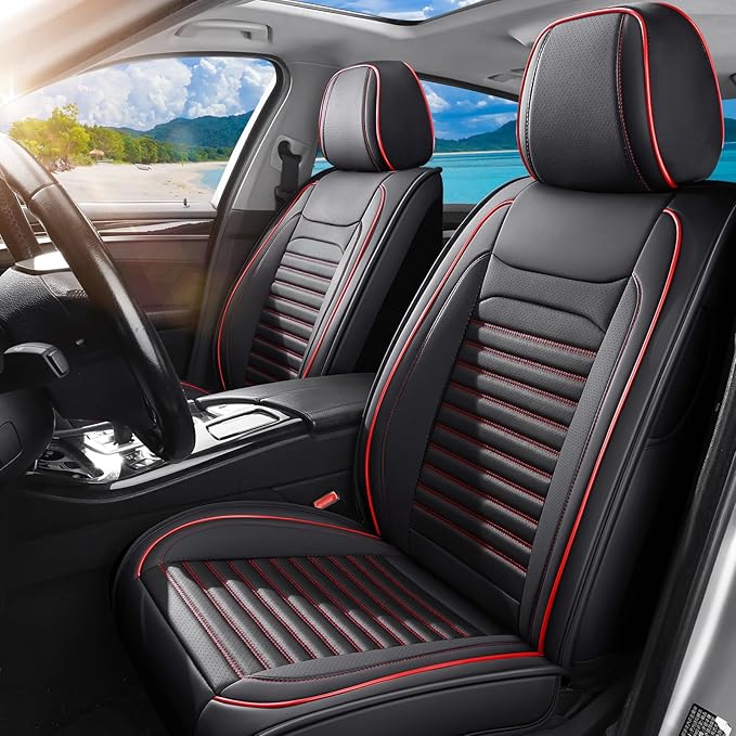 Truck Seat Covers Full Set Fit for Toyota Tacoma 2001-2026, Premium Faux Leather Car Seat Protector,Breathable Anti-Slip Full Wrapping Edge Seat Covers(Black&Red,Full Set)