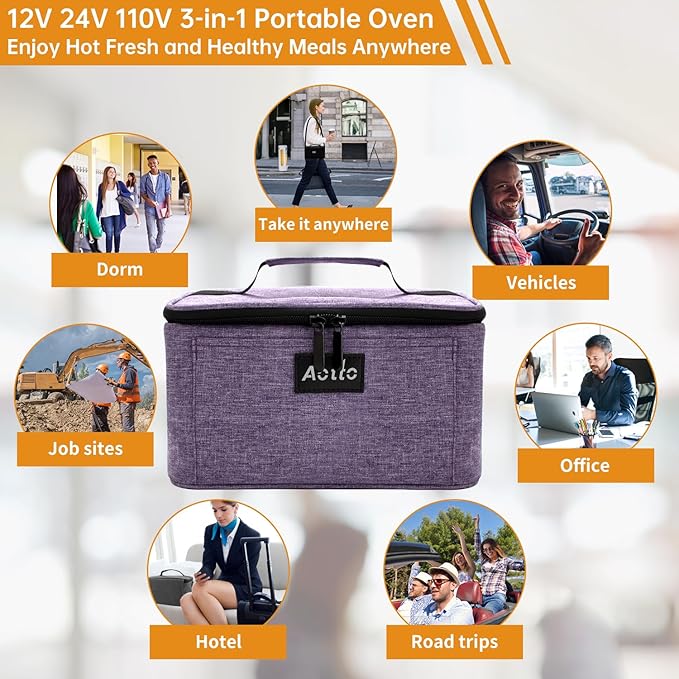Aotto Portable Electric Lunch Box Food Heater, 12V/24V/110V 3-in-1 Car Food Warmer Heated Lunch Box for Adults, Cook, Reheat & Keep Meals Warm for Car, Truck, Travel, Work, Home - Purple