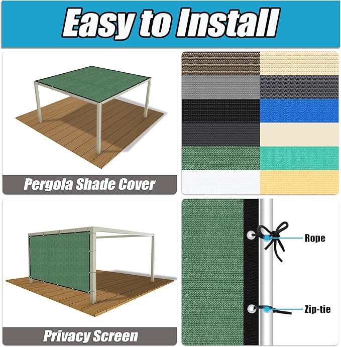 Amagenix 90% Pergola Shade Cover 8' X 8' Sun Shade Cloth with Grommets for Outdoor Garden Patio Porch, Commercial Grade 200 GSM - Cable Zip Ties Included (We Customized) GN108, Green