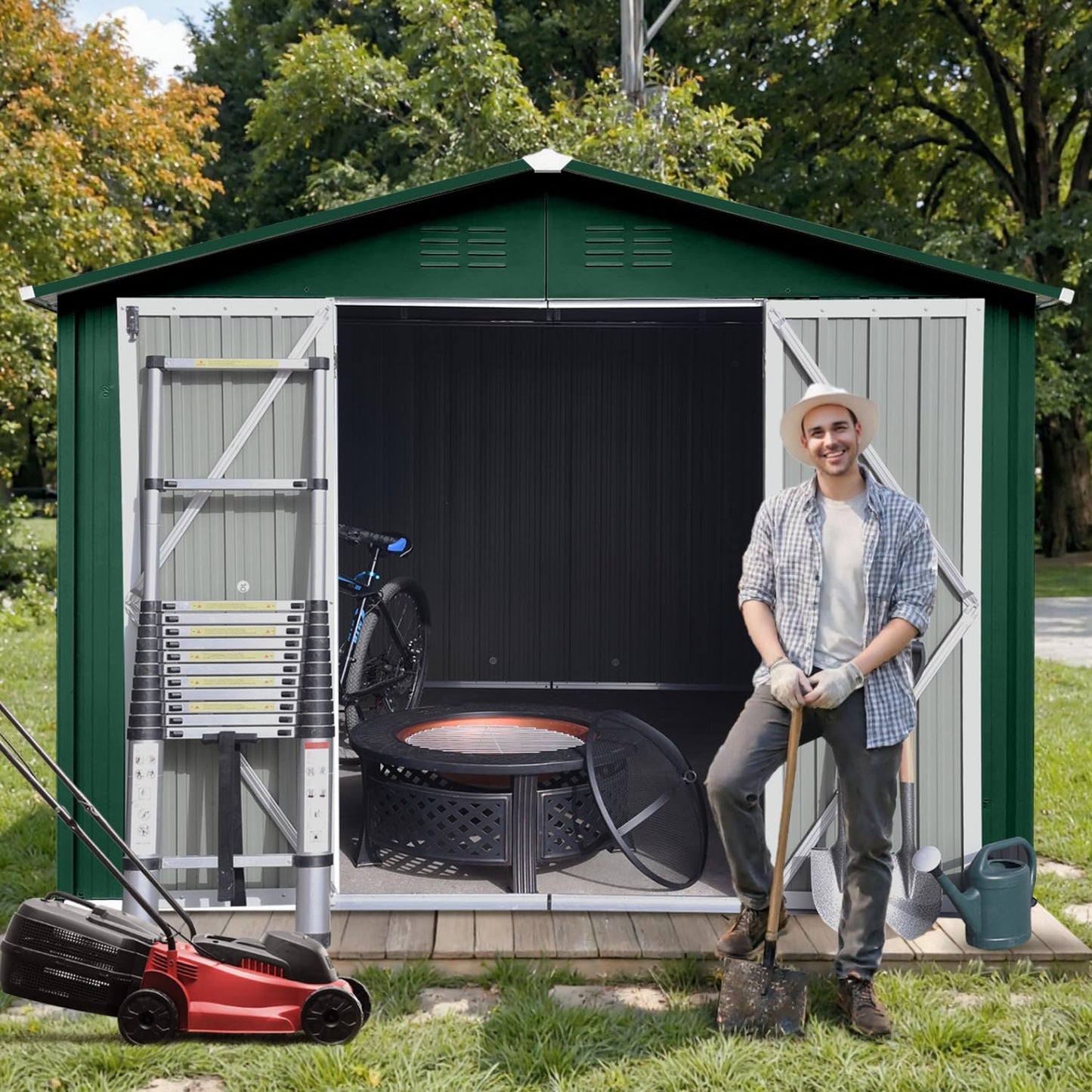 10 x 8 FT Outdoor Storage Shed, Metal Garden Tool Shed with Slooping Roof, Lockable Doors and Aluminum Frames, Easy to Assemble for Garden, Patio, Lawn, Green