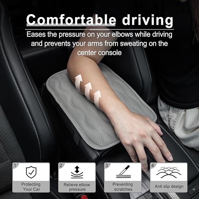 Amiss Auto Center Console Pad, Universal Waterproof Armrest Seat Box Cover, Leather Auto Armrest Cover Protector for Most Vehicles, SUV, Truck, Car (Gray)
