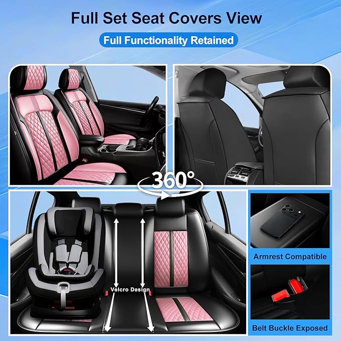 Fit RAV4 Car Seat Covers for Select Toyota RAV 4 2013-2026 /RAV4 Hybrid - Premium Full Coverage Leather, Waterproof & All Weather Seat Cushion Protector, Full Set, Black+Pink