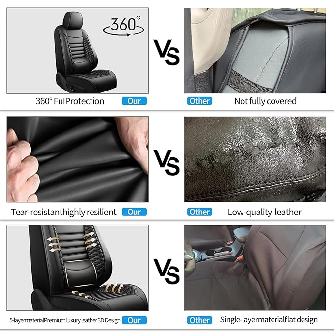 Fit Equus Car Seat Covers for Hyundai Equus 2011-2014 2015 - Upgraded Premium Waterproof & Breathable Leather, Airbag Compatible, All-Weather Seat Cushion Protector (Full Set, Black)
