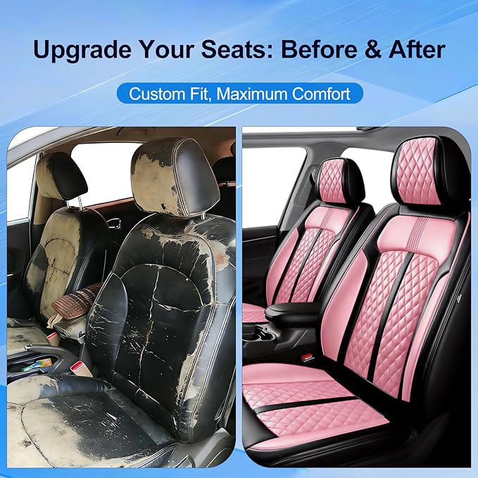 Fit Sonic Car Seat Covers for Select Chevrolet/Chevy Sonic 2012-2020, Premium Full Coverage Leather, Airbag Compatible, Waterproof All Weather Seat Cushion Protector, Full Set, Black+Pink