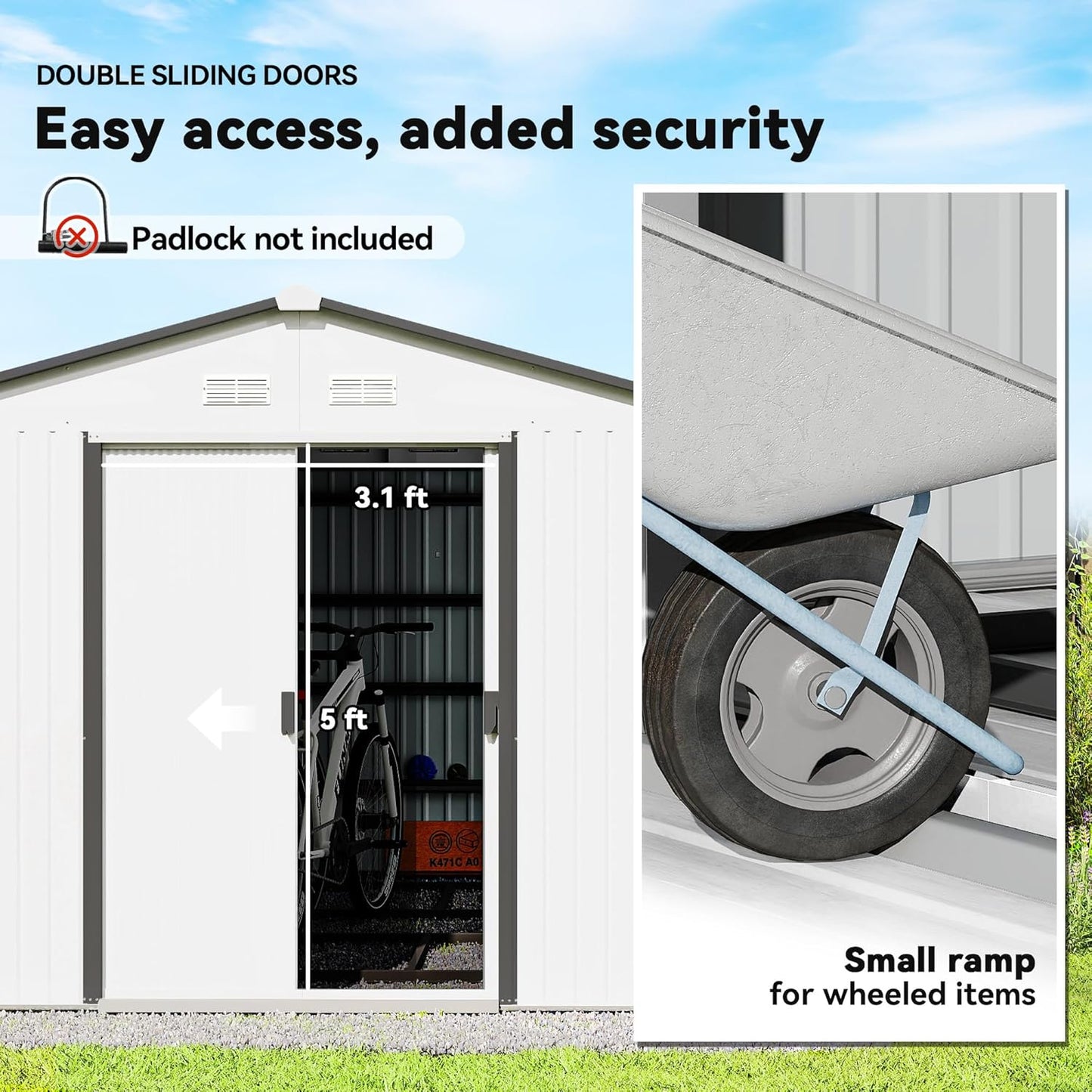 Outsunny 11' x 9' Outdoor Storage Shed, Garden Tool Metal Shed with Foundation Kit, Double Lockable Door, Air Vents and Sloping Roof, for Backyard, Patio, Lawn, Silver