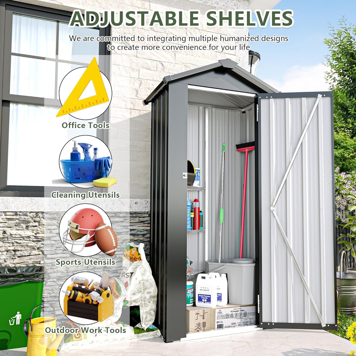 2.5x1.4 FT Outdoor Storage Shed, Small Metal Garden Shed with Adjustable Shelves, Mini Outside Tool Sheds with Lockable Hinged Door, Waterproof Outdoor Storage Cabinet for Backyard, Patio, Lawn, Black