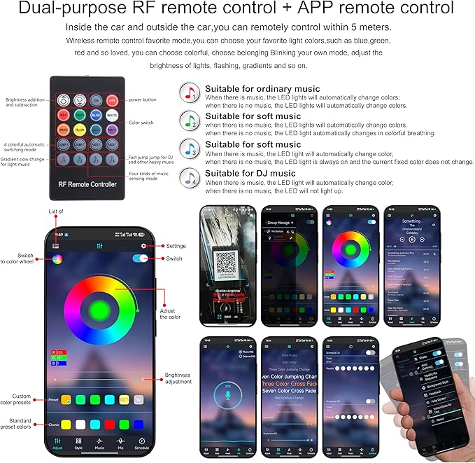 Car Atmosphere Light Kit 3m Fiber Optic RGB Multicolor Sound Active Music Sync Memory Function RF Remote Controller + Bluetooth APP Control 64 Colors USB Car Interior Ambient Lighting Kit 12V