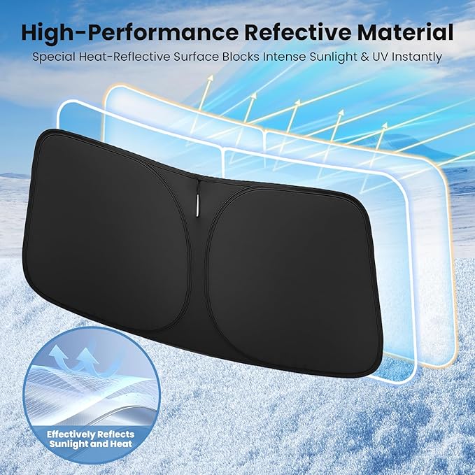 Windshield Sun Shade for Nissan Rogue 2021 2022 2023 2024 2025 2026 – Custom Fit Sun Shield with Mirror Cut‑Out, Blocks Heat & UV, Foldable with Storage Pouch - Nissan Rogue Windshield Sunshade