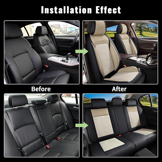 Car Seat Covers Full Set for Nissan Sentra 2008-2025 2026, Breathable Cooling Ice Silk Leather Car Seat Covers, 5 Seats Vehicle Seat Protector Seat Cushion Auto Accessories (Black&Beige)