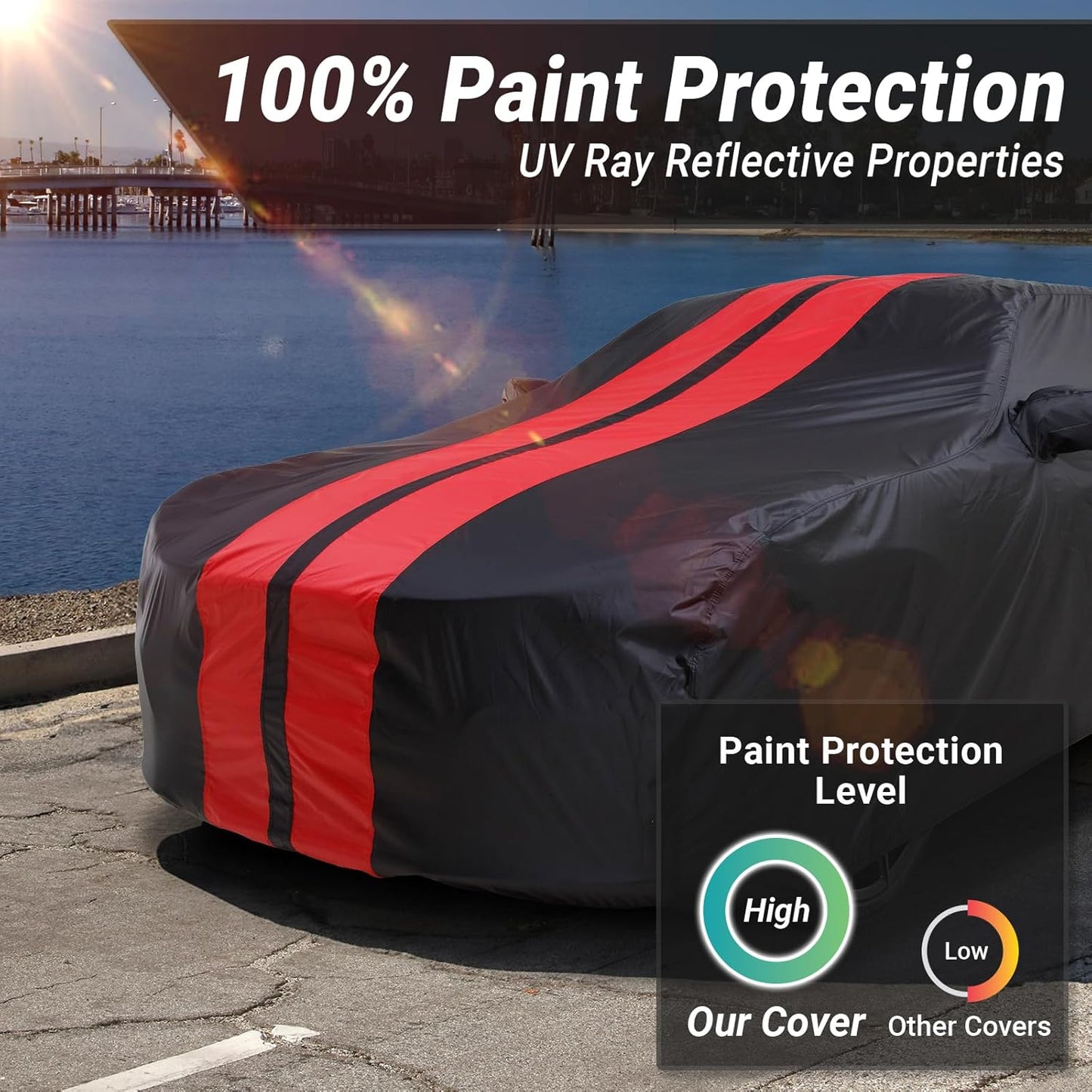 iCarCover Custom Car Cover for Pontiac Fiero GT Fastback (1985-1988) Waterproof All-Weather Rain Snow UV Sun Protector Full Exterior Indoor Outdoor Car Cover (Stripe - Black/Red)