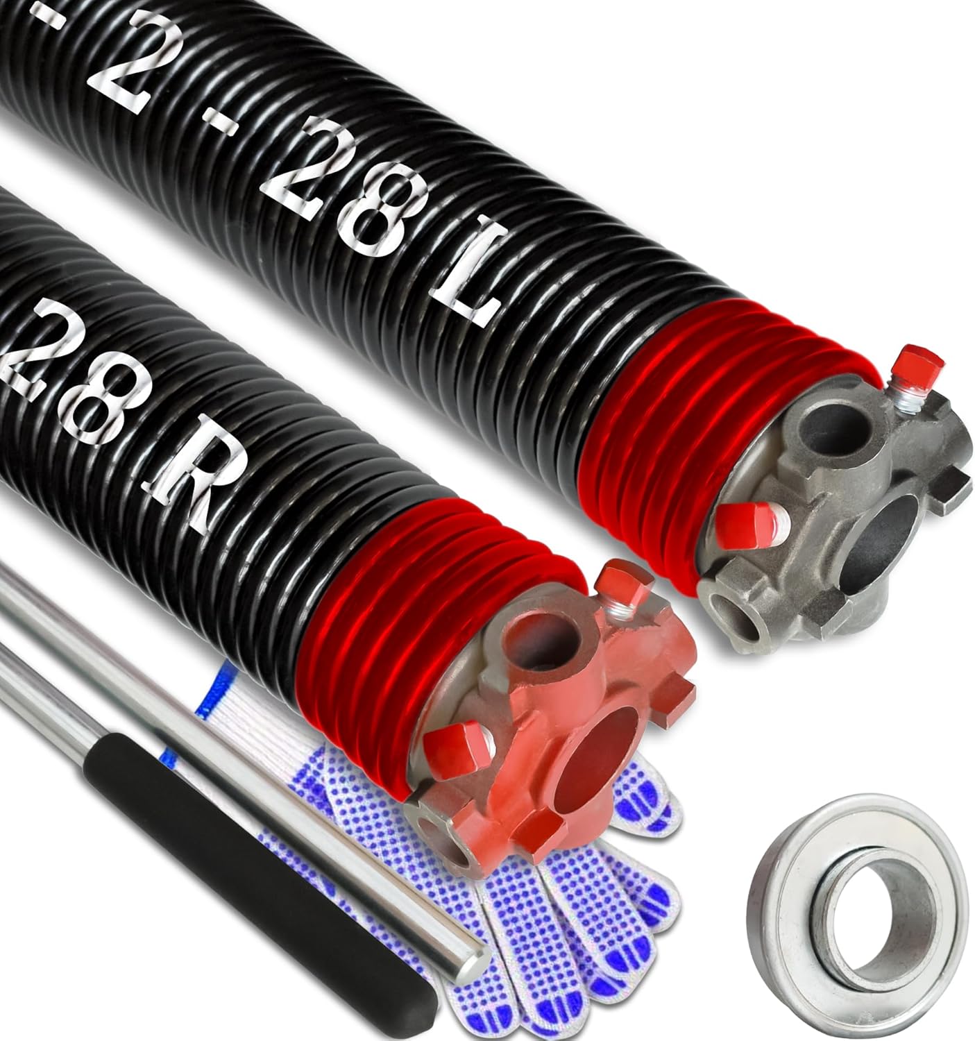 Garage Door Torsion Spring Set, Pair of 2" Electrophoresis Coated Garage Door Spring Replacement with 2 Non-Slip Winding Bars and Bearing, Minimum 16000 Cycles (.225x2x28")