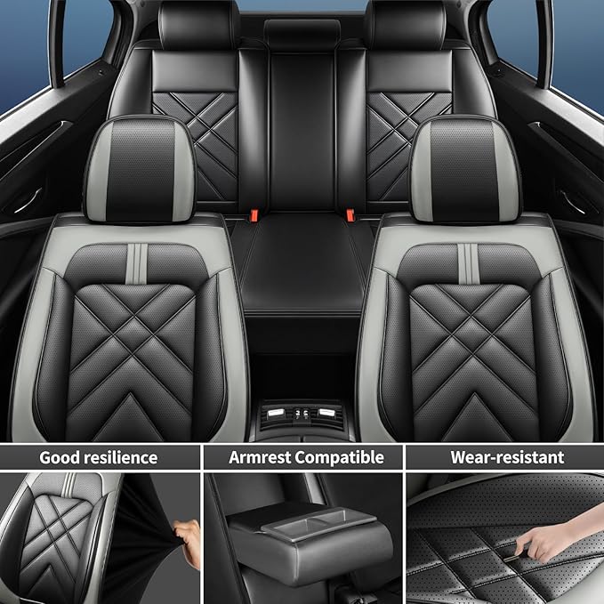 CX-70 Car Seat Covers Fit for Mazda CX-70 2025-2026, Full Coverage Premium Leather Waterproof Breathable Seat Covers, Automotive Seat Protectors, Airbag Compatible(Full Set Seats, Black Gray)