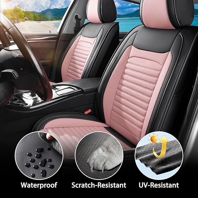 Truck Seat Covers Full Set Fit for Toyota Tacoma 2001-2026, Premium Faux Leather Car Seat Protector,Breathable Anti-Slip Full Wrapping Edge Seat Covers(Black&Pink,Full Set)