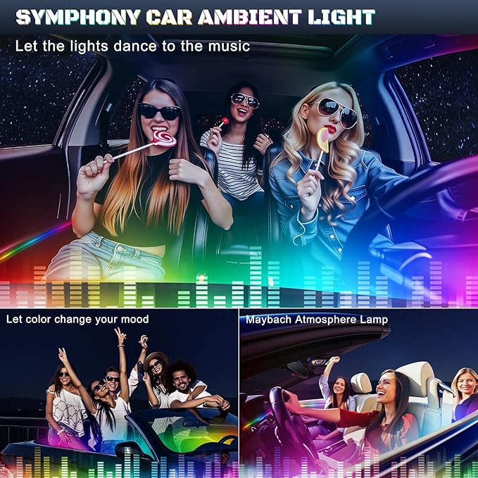 Dreamcolor Acrylic Interior Car LED Strip Light with USB/Type C/4-Port USB Cigarette Lighter,RGB 55.1 inch Ambient Lighting Kits, Sound Active Function Neon Led Strips for Car
