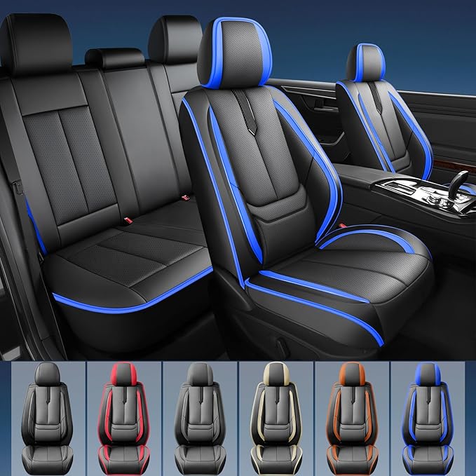 Fit Palisade Car Seat Covers for Hyundai Palisade 2000-2025 2026 -Upgraded Premium Waterproof & Breathable Leather,Airbag Compatible,All-Weather Seat Cushion Protector,2 Front/Black-Blue