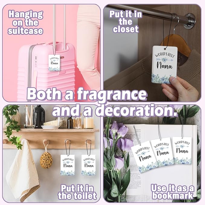 Nana Grandma Gifts Car Air Freshener Accessories 3pcs, World's Best Gifts for Granmda Christmas, Blue Flower Rustic Hanging Scent Lavender Fragrance Card for Women Closet Bathroom Home Decor