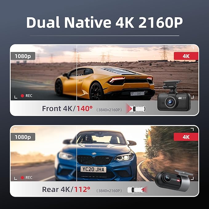 Miofive Dash Cam Car Front Rear 4K+4K WiFi Bluetooth Dash Cam with 64GB SD Card, Dual Car Camera with Parking Monitoring, Super Night Vision, HDR, G-Sensor, Loop Recording, App Control, Max 512GB
