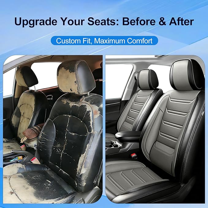 Fit Malibu Car Seat Covers for Chevrolet/Chevy Malibu 2009-2025, Full Coverage Leather, Airbag Compatible, Waterproof All Weather Breathable Seat Cushion Protector, Full Set, Black+Gray