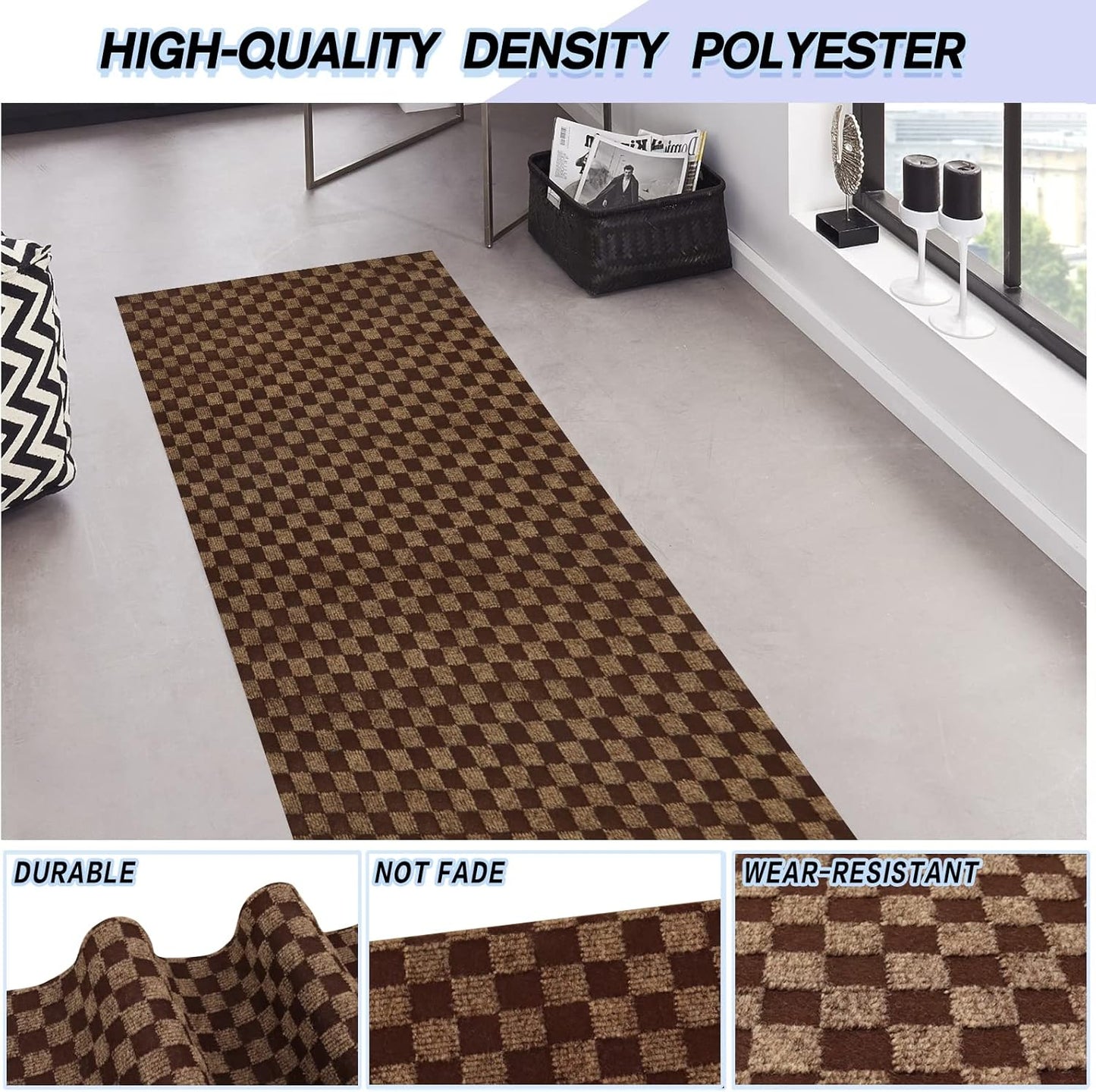 Custom Size Backed Non-Slip Area Rugs Runner, Easy Clean, Waterproof Runner Rugs for Hallway Entryway, Kitchen, Laundry, 2FT x 82FT, Brown Checkered