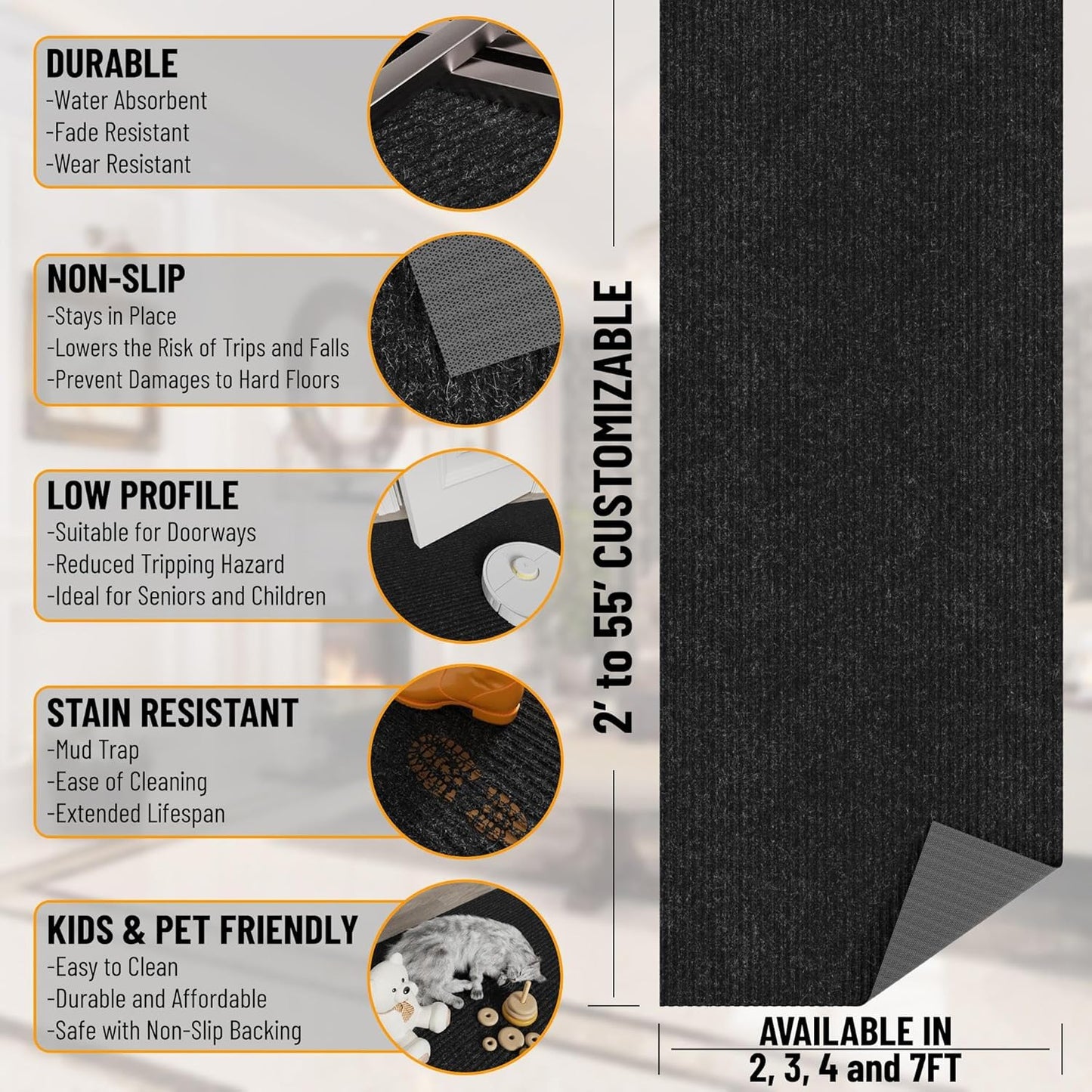 Ottomanson 3'11" x 16' Hallway Runner with Scraper Pile - Extra Durable Non-Slip Rug Mat for Indoor & Outdoor Use - Ideal for Kitchen, Entryway & Garage - High-Traffic Carpet, Black