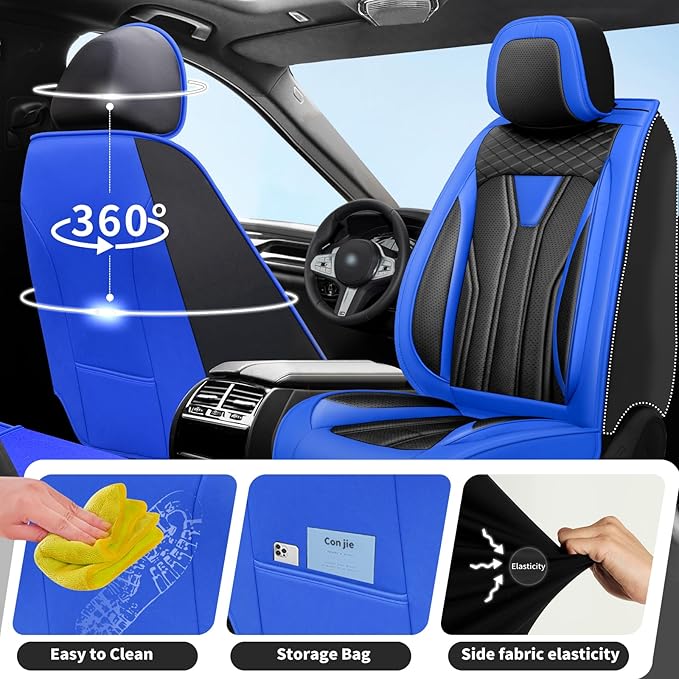 Fit Versa Car Seat Covers Compatible with Nissan Versa 2008-2025 2026 - Full Set Premium Leather， Waterproof Breathable， All-Weather Seat Cushion Protecto&Airbag Compatible （Blue & Black